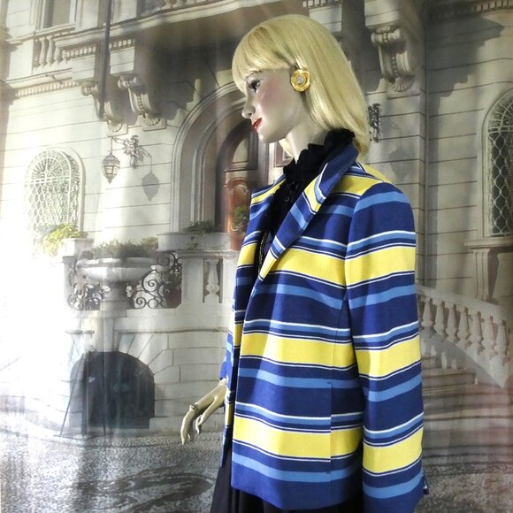 Talbots Blazer Size 14 Blues and Yellow Horiz Stripes Cotton Blend Totally Lined - Picture 2 of 15